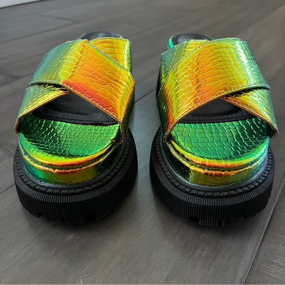 Dolls Kill Iridescent Croc Criss Cross Platform Sandals - Size 6 - Picture 2 of 13